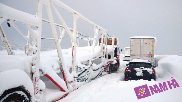Xe bị kẹt trong tuyết trên đường cao tốc Kanetsu ở tỉnh Niigata của Nhật Bản ngày 17-12 - Ảnh: KYODO